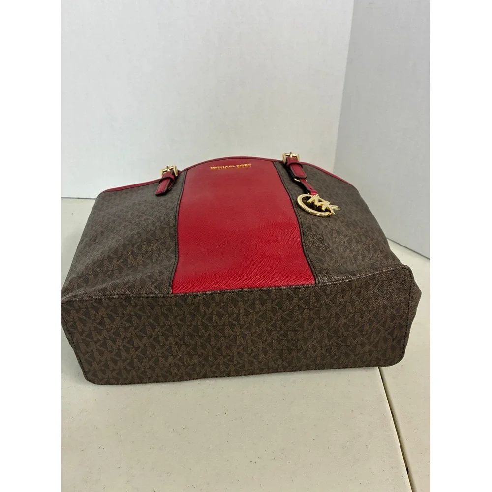 Michael Kors Brown Red Logo Tote Bag Gold‎ Hardware Saffiano Trim Large New